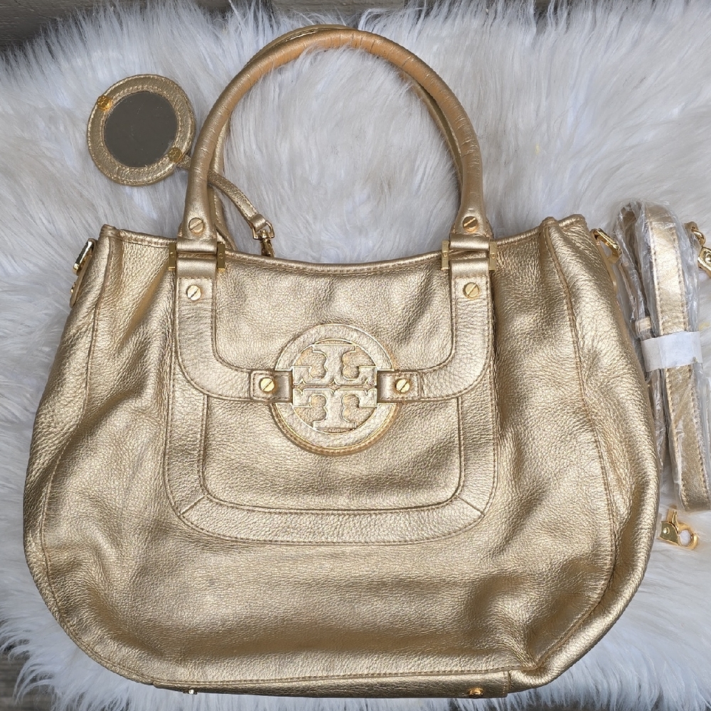 Tory Burch Amanda Gold Metallic Pebbled  Satchel Crossbody Strap